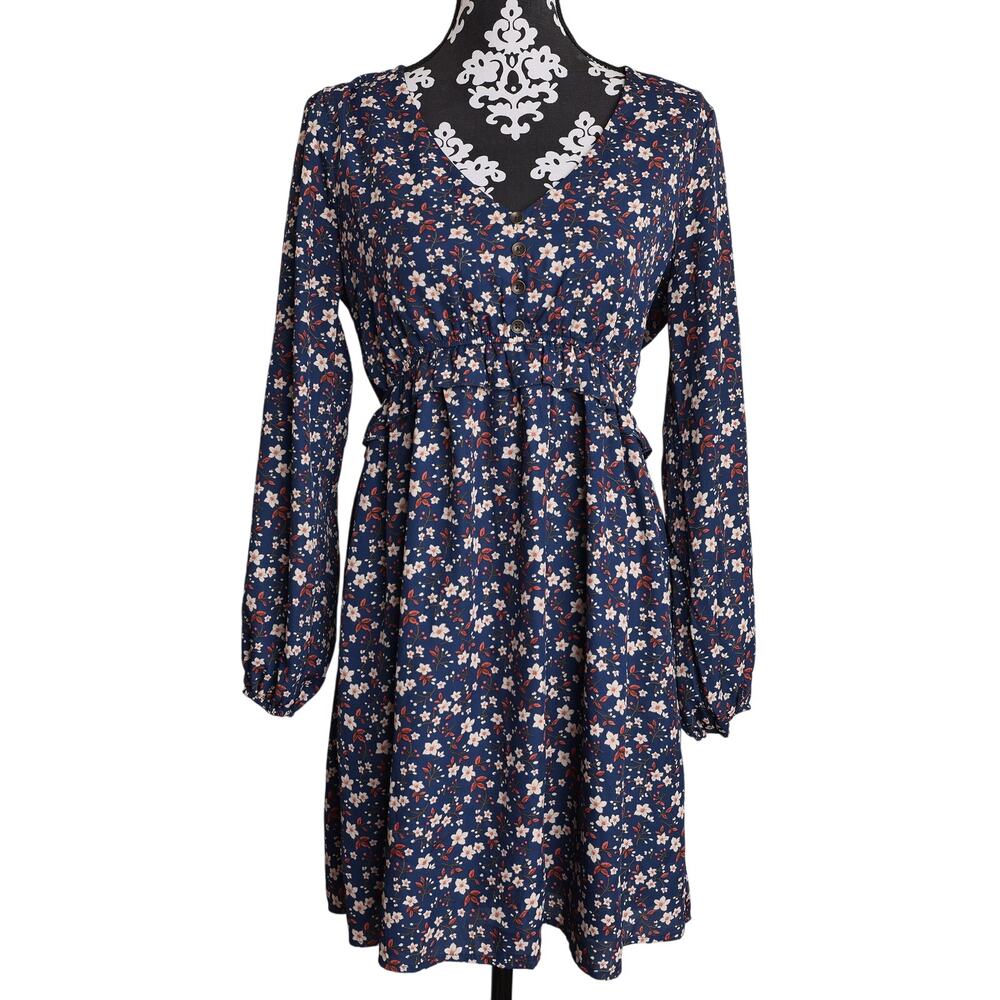 Women's Navy Orange Cream Floral Cottage Flowy Pullover Midi Dress Cinched Waist